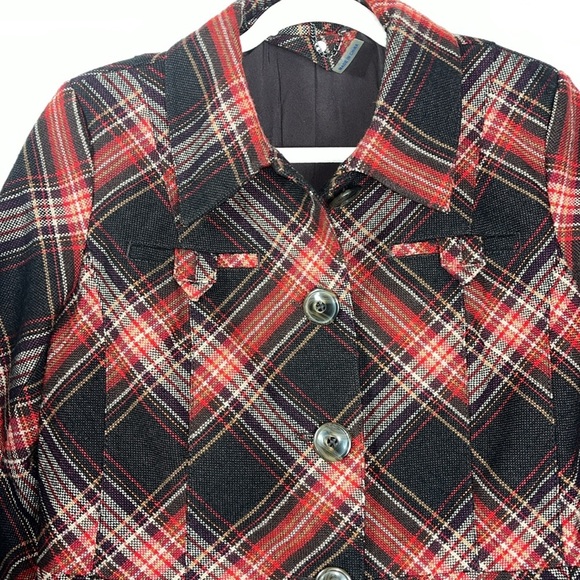 Plaid belted tweed large button peplum hem lined jacket Sz S/M Red/Brwn - Picture 5 of 14